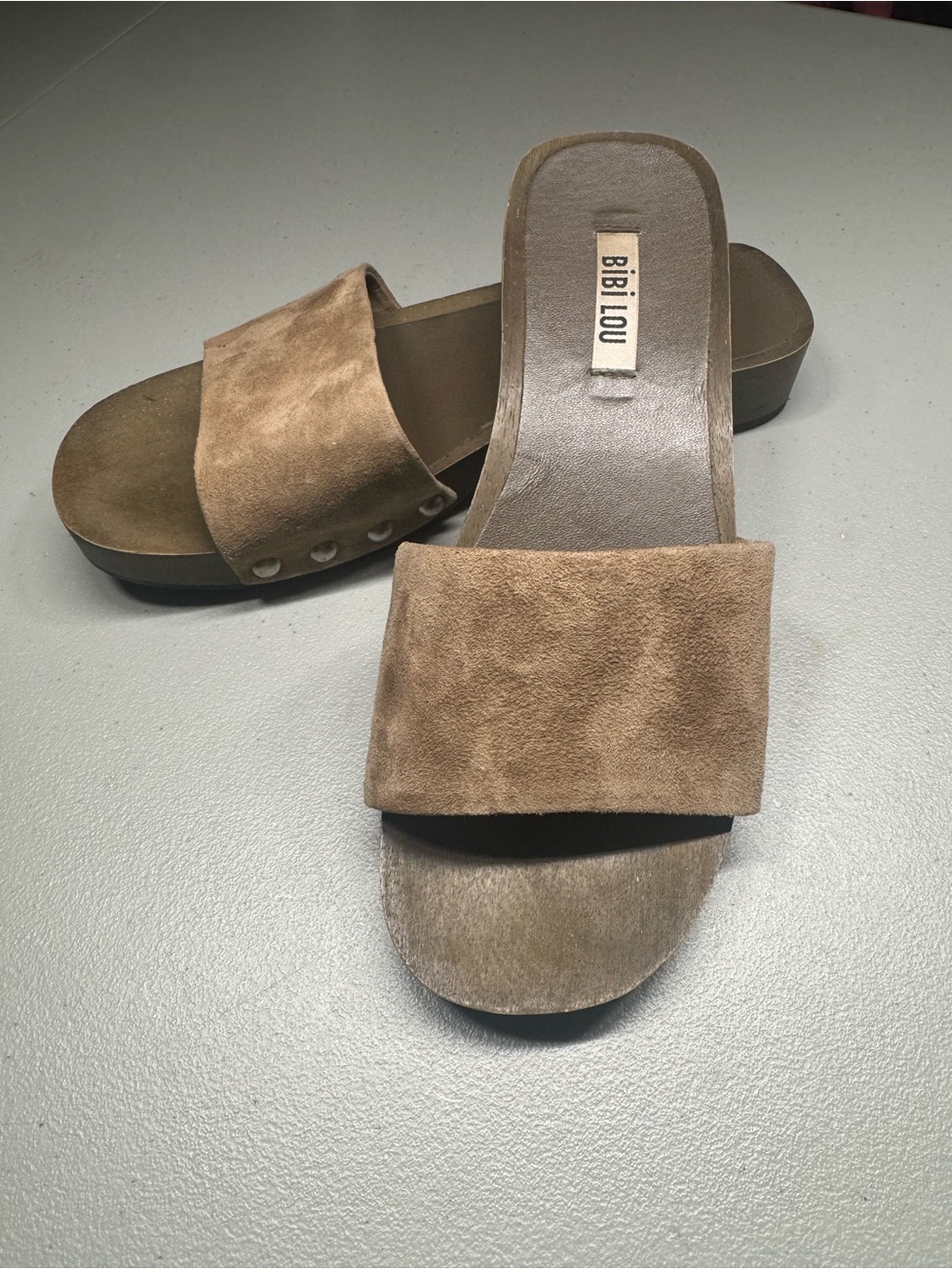 Anthropologie Bibi Lou Tan Suede Slide Mules with studded accents